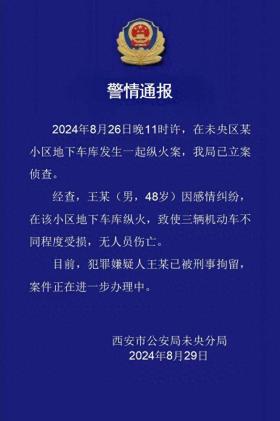 感情起纠纷在车库纵火 西安一男子被刑拘